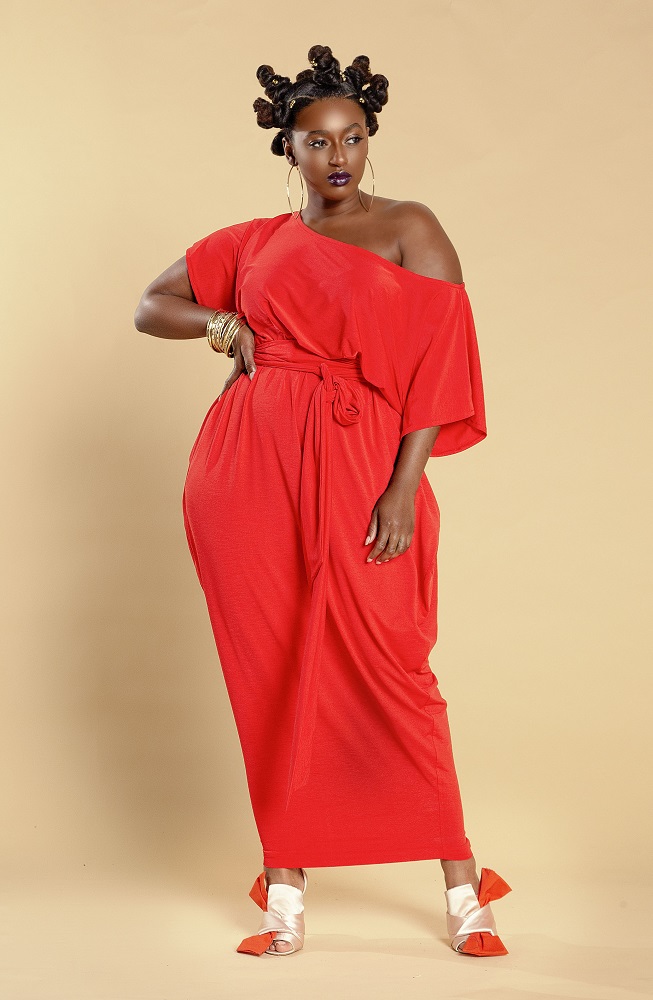 Bright orange off the shoulder maxi plus size dress with belt by Jibri