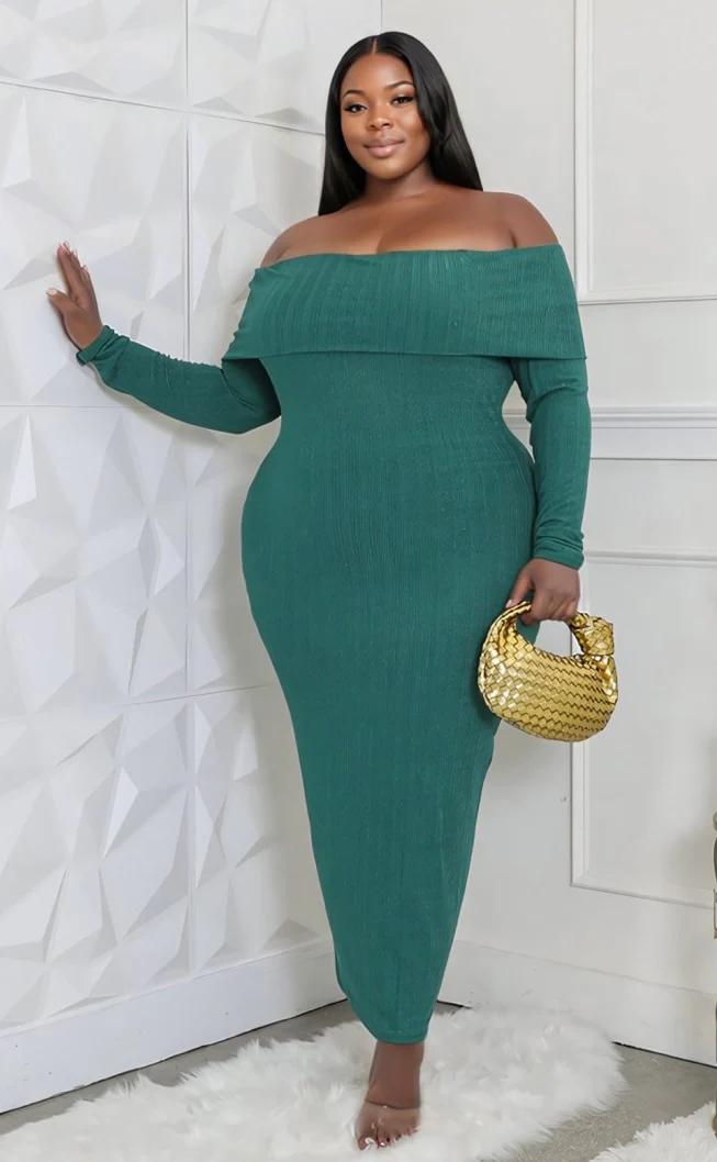 GREEN OFF the shouldwe sweater dress on a plus size body